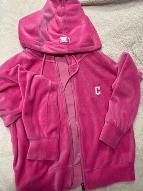 BUNDLE Pink Velour Zip-Up Hoodie with 'C' Patch and Matching Pink Velour Pants